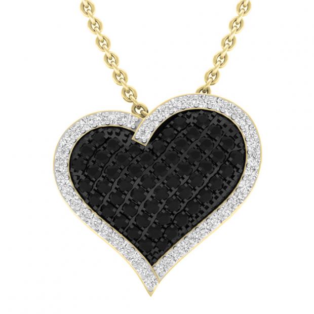 0.80 Carat (ctw) 18K Yellow Gold Round Black & White Diamond Ladies Heart Pendant 3/4 CT