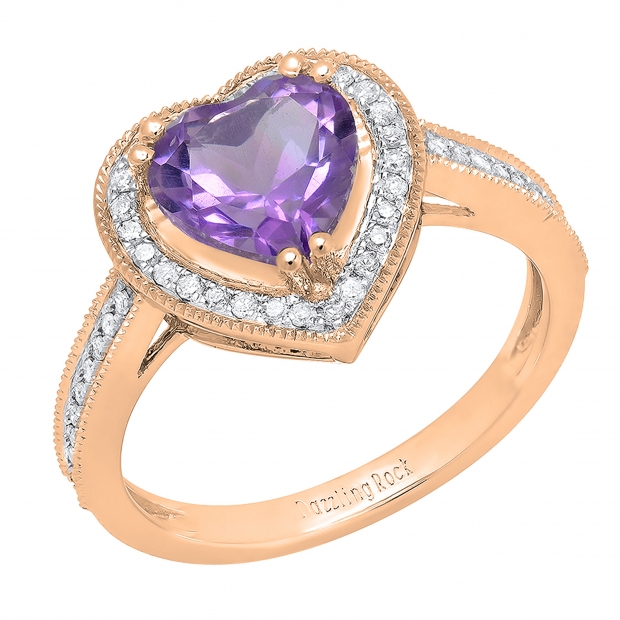 18K Rose Gold 8 MM Heart Amethyst & Round White Diamond Bridal Halo Engagement Band Ring
