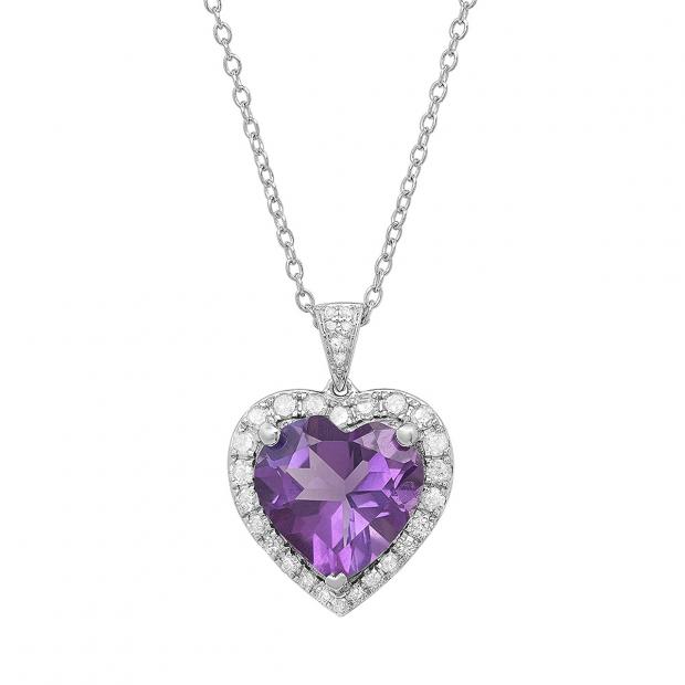 Sterling Silver 12 MM Heart Amethyst & Round White Diamond Ladies Pendant (Silver Chain Included)