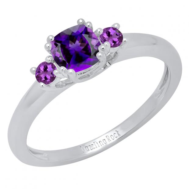 14K White Gold 5 MM Cushion & Round Amethyst Ladies Bridal 3 Stone Engagement Ring