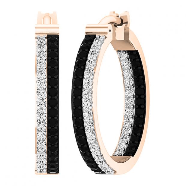 1.00 Carat (ctw) 10K Rose Gold Round Black & White Diamond Ladies In & Out Hoop Earrings 1 CT