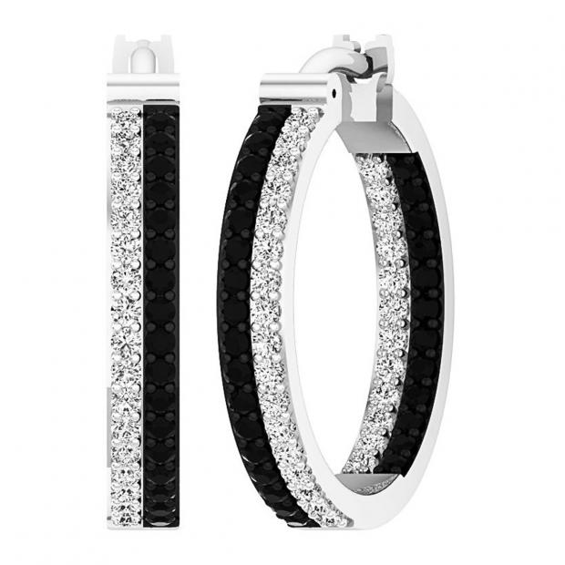 1.00 Carat (ctw) 10K White Gold Round Black & White Diamond Ladies In & Out Hoop Earrings 1 CT