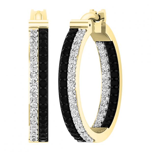 1.00 Carat (ctw) 18K Yellow Gold Round Black & White Diamond Ladies In & Out Hoop Earrings 1 CT