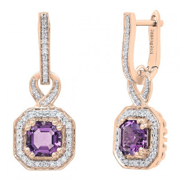 10K Rose Gold 6.5 MM Asscher Amethyst & Round White Diamond Ladies Halo Dangling Drop Earrings