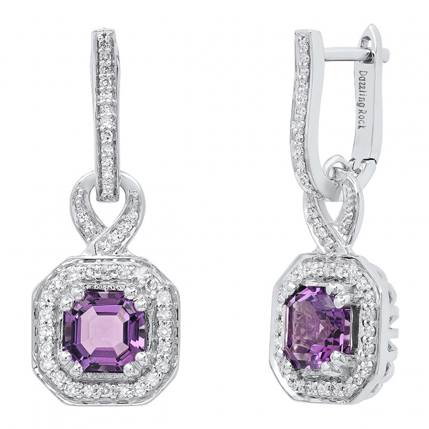 10K White Gold 6.5 MM Asscher Amethyst & Round White Diamond Ladies Halo Dangling Drop Earrings