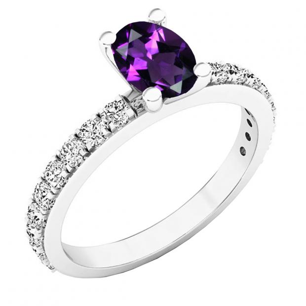 10K White Gold 7X5 MM Oval Amethyst & Round White Diamond Ladies Bridal Engagement Ring