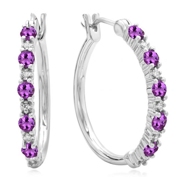Sterling Silver Round Amethyst & White Diamond Ladies Fine Hoop Earrings