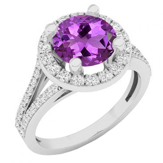 18K White Gold Round Amethyst & White Diamond Ladies Split Shank Halo Engagement Ring