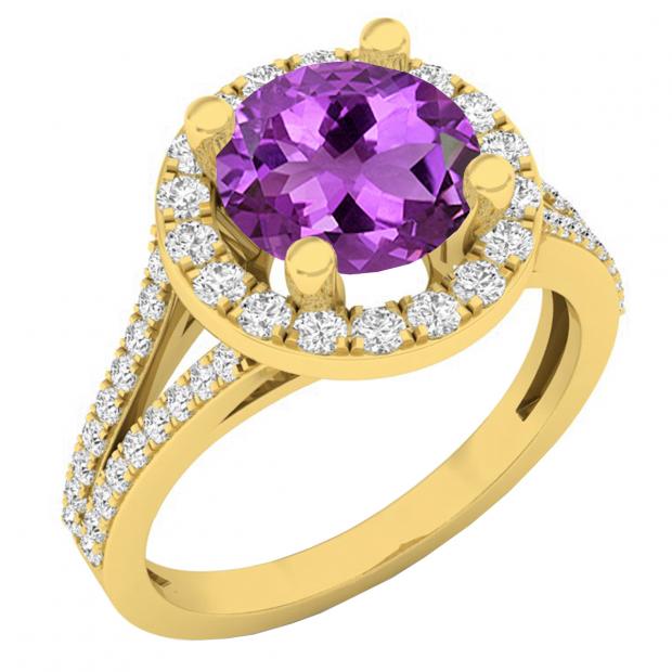18K Yellow Gold Round Amethyst & White Diamond Ladies Split Shank Halo Engagement Ring