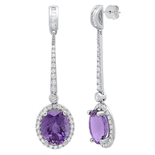 10K White Gold Each 11X9 MM Oval Amethyst And Round & baguette Diamond Ladies Dangling Earrings
