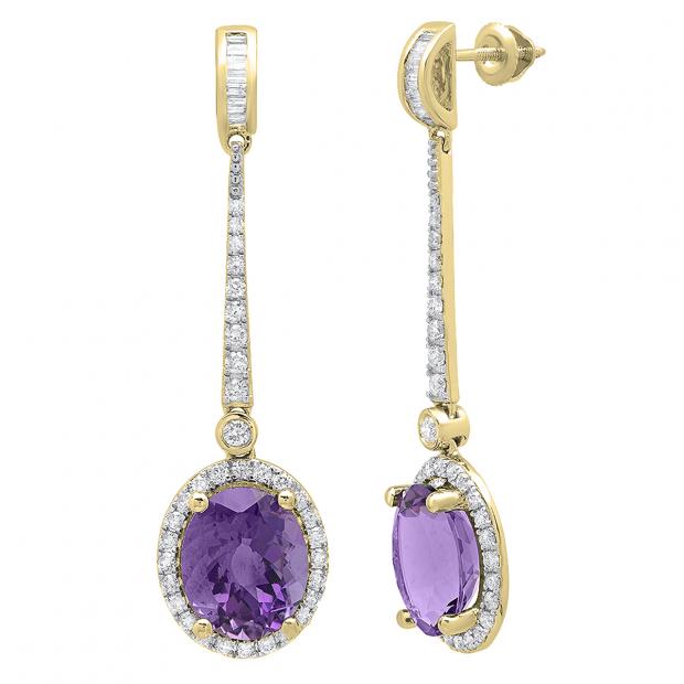 10K Yellow Gold Each 11X9 MM Oval Amethyst And Round & baguette Diamond Ladies Dangling Earrings