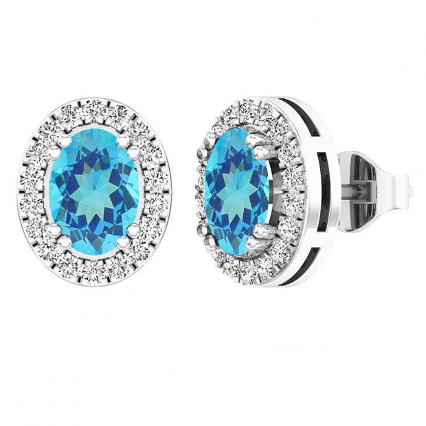 Sterling Silver 7X5 MM Oval Blue Topaz & Round White Sapphire Ladies Fashion Stud Earrings