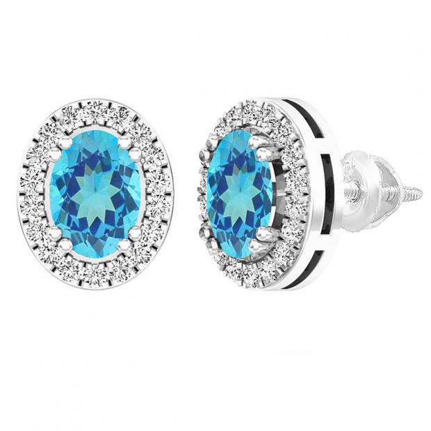 Sterling Silver 7X5 MM Oval Blue Topaz & Round White Sapphire Ladies Fashion Stud Earrings