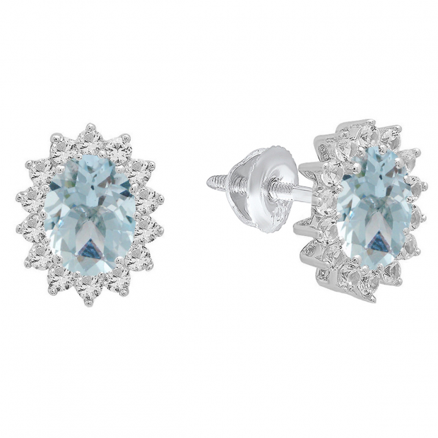 Sterling Silver Each 7X5 MM Oval Aquamarine & Round White Sapphire Ladies Halo Style Stud Earrings