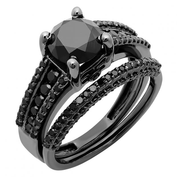 3.20 Carat (ctw) Black Rhodium Plated Sterling Silver Round Black Diamond Ladies Engagement Ring Set