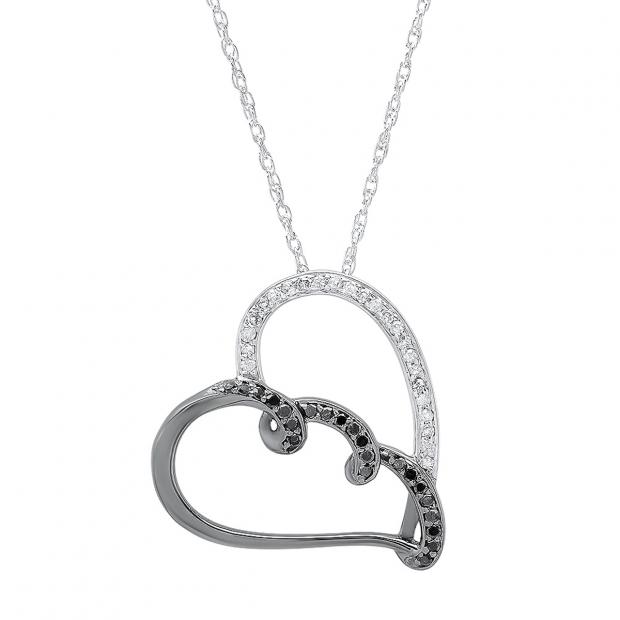 0.33 Carat (ctw) Black Plated Sterling Silver Black & White Diamonds Heart Ladies Pendant 1/3 CT