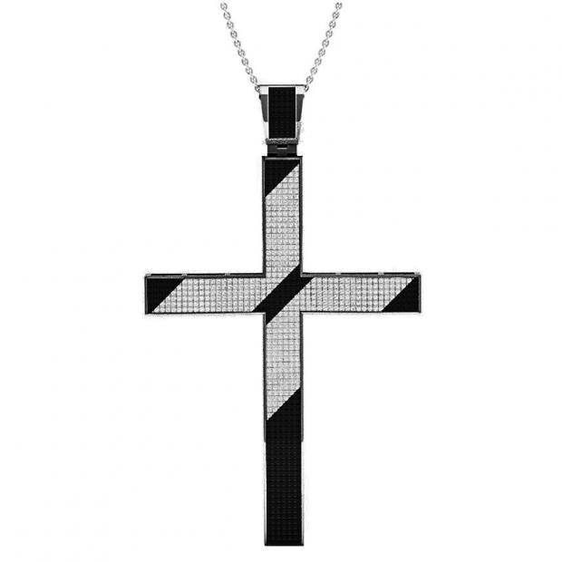 1.35 Carat (ctw) Black Rhodium Plated Sterling Silver Round Diamond Mens Religious Cross Pendant