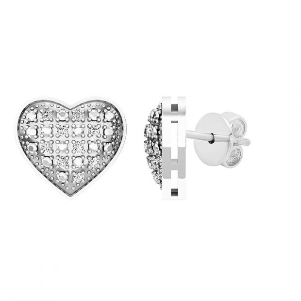 0.10 Carat (ctw) Sterling Silver Round Diamond Heart Mens Hip Hop Stud Earrings 1/10 CT
