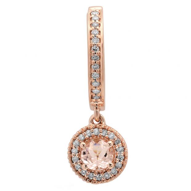 10K Rose Gold Round Morganite & White Diamond Ladies Halo Style Dangling Drop Earring (1 Pc Only)