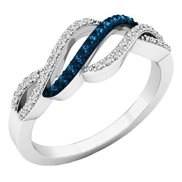 0.27 Carat (ctw) 18K White Gold Round Blue & White Diamond Ladies Right Hand Ring 1/4 CT