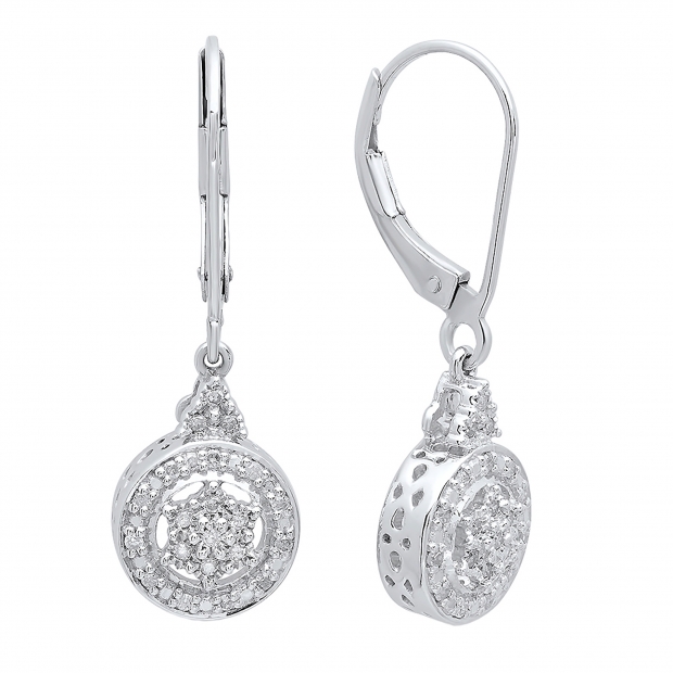 0.15 Carat (ctw) Sterling Silver Round White Diamond Ladies Cluster Style Drop Earrings