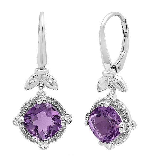 14K White Gold 8 MM Cushion Amethyst & Round White Diamond Ladies Leaf Drop Earrings