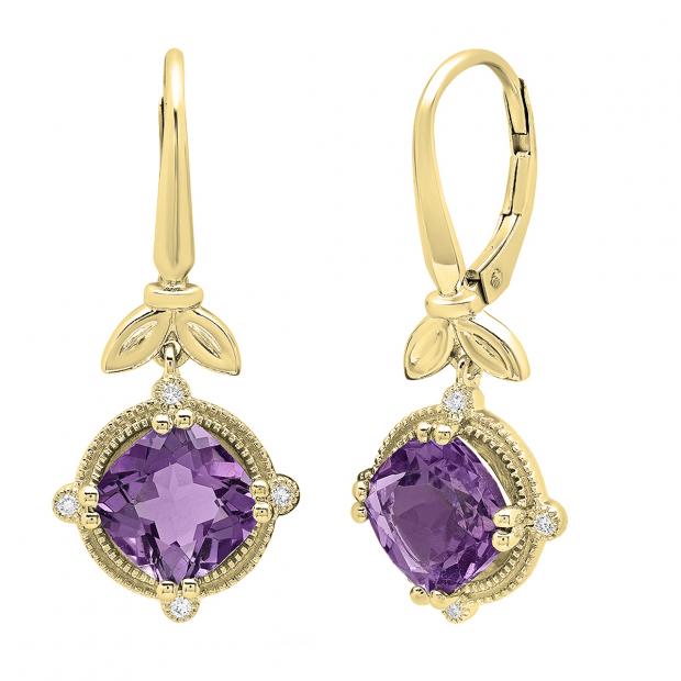 14K Yellow Gold 8 MM Cushion Amethyst & Round White Diamond Ladies Leaf Drop Earrings