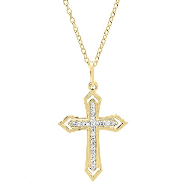 0.10 Carat (ctw) 10K Yellow Gold Round White Diamond Ladies Cross Pendant 1/10 CT