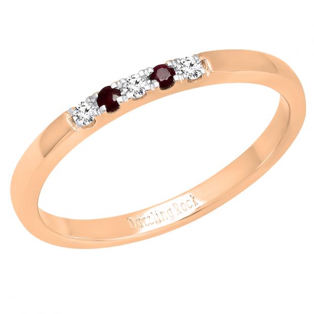 10K Rose Gold Round Ruby & White Diamond Ladies Five Stone Anniversary Wedding Band