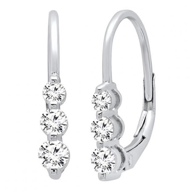 0.55 Carat (ctw) 10K White Gold Round White Diamond Ladies Three Stone Drop Earrings 1/2 CT