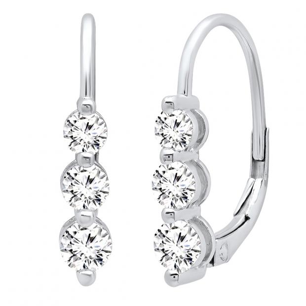 1.05 Carat (ctw) 14K White Gold Round White Diamond Ladies Three Stone Drop Earrings 1 CT