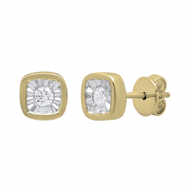 0.10 Carat (ctw) 14K Yellow Gold Round Diamond Ladies Cushion Shaped Solitaire Stud Earrings 1/10 CT