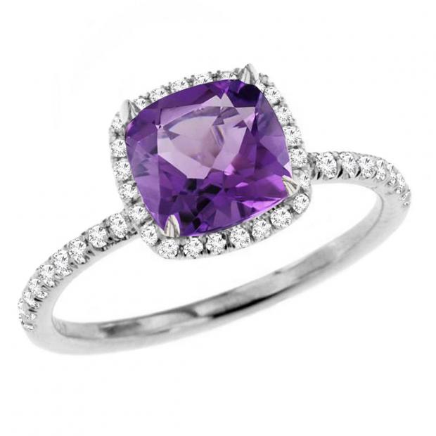 10K White Gold 6.5 MM Cushion Amethyst & Round White Diamond Ladies Bridal Halo Engagement Ring
