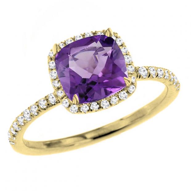 10K Yellow Gold 6.5 MM Cushion Amethyst & Round White Diamond Ladies Bridal Halo Engagement Ring
