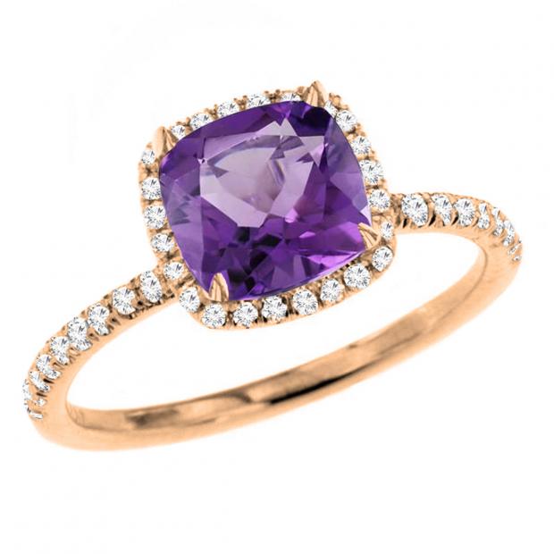 18K Rose Gold 6.5 MM Cushion Amethyst & Round White Diamond Ladies Bridal Halo Engagement Ring