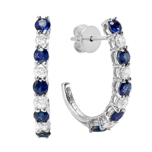 14K White Gold Round White Diamonds & Blue Sapphire Ladies J Shaped Hoop Earrings