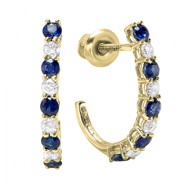 14K Yellow Gold Round White Diamonds & Blue Sapphire Ladies J Shaped Hoop Earrings