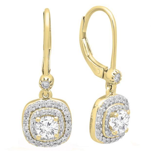 1.05 Carat (ctw) 10K Yellow Gold Round White Diamond Ladies Halo Style Dangling Drop Earrings 1 CT