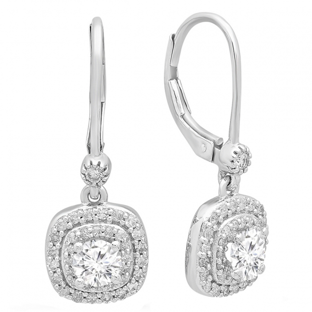 1.05 Carat (ctw) 18K White Gold Round White Diamond Ladies Halo Style Dangling Drop Earrings 1 CT