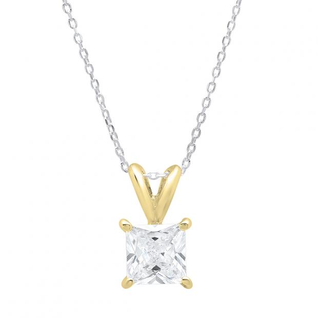 1.50 Carat (ctw) 10K Yellow Gold Princess Cubic Zirconia CZ Ladies Solitaire Pendant 1 1/2 CT