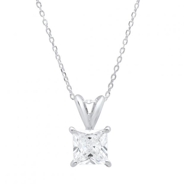 1.50 Carat (ctw) 10K White Gold Princess Cubic Zirconia CZ Ladies Solitaire Pendant 1 1/2 CT