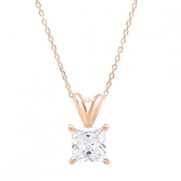 1.50 Carat (ctw) 18K Rose Gold Princess Cubic Zirconia CZ Ladies Solitaire Pendant 1 1/2 CT