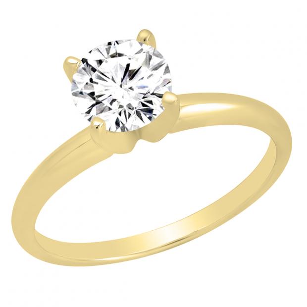 1.00 Carat (ctw) 14K Yellow Gold Round Cubic Zirconia Ladies Solitaire Engagement Ring 1 CT
