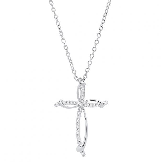 0.10 Carat (ctw) Sterling Silver Round Diamond Ladies Cross Pendant 1/10 CT (Silver Chain Included)