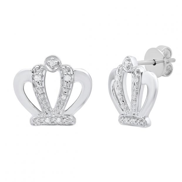 0.10 Carat (ctw) Sterling Silver Round White Diamond Ladies Crown Stud Earrings 1/10 CT