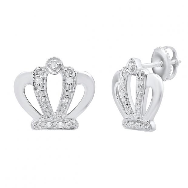 0.10 Carat (ctw) Sterling Silver Round White Diamond Ladies Crown Stud Earrings 1/10 CT