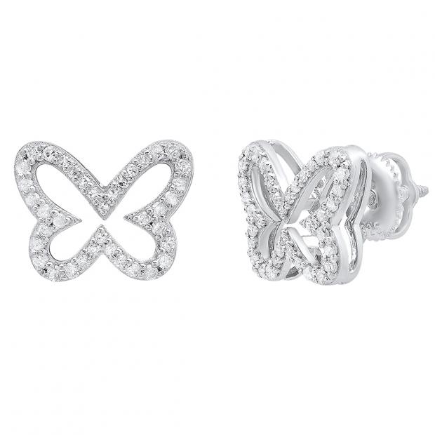 0.45 Carat (ctw) Sterling Silver Round White Diamond Ladies Butterfly Stud Earrings 1/2 CT