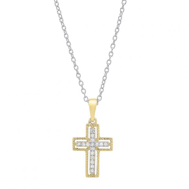0.10 Carat (ctw) 10K Yellow Gold Round White Diamond Ladies Cross Pendant 1/10 CT