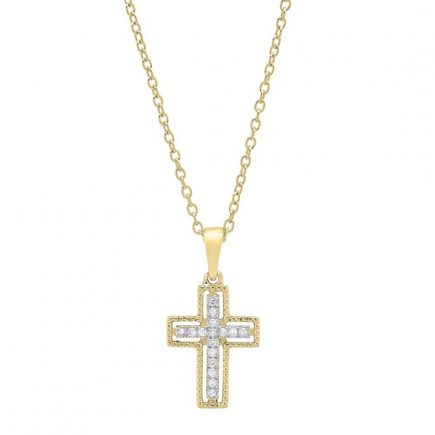 0.10 Carat (ctw) 10K Yellow Gold Round White Diamond Ladies Cross Pendant 1/10 CT
