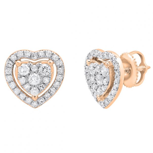 0.70 Carat (ctw) 10K Rose Gold Round White Diamond Ladies Heart Shaped Stud Earrings 3/4 CT